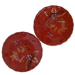 Home Trends Arcadia Stoneware Salad Plates Red with Leaves & Berries Set of 2